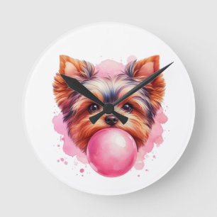 Yorkshire Terrier Dog w Pink Bubblegum Watercolor Round Clock