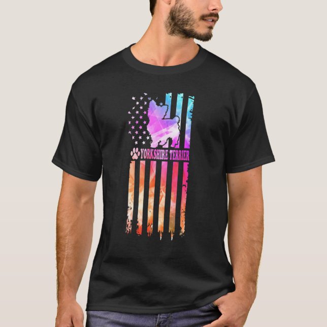 Yorkshire Terrier Dog Watercolor American Flag T-Shirt (Front)