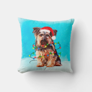 Yorkshire Terrier Dog with Christmas Santa Hat Cushion