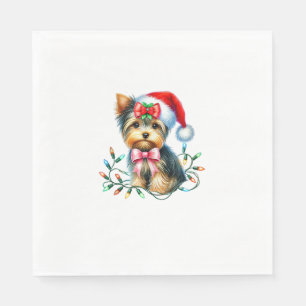 Yorkshire Terrier Dog With Coquette Bow Christmas Napkin