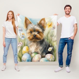 Yorkshire Terrier Dog With Easter Eggs Holiday Fleece Blanket