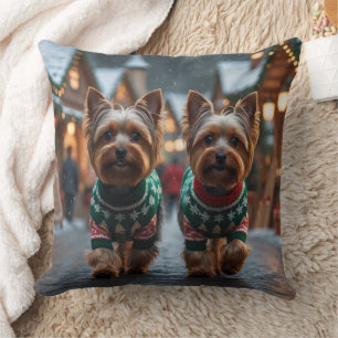 Yorkshire Terrier Dogs Christmas Snow Holiday Cushion