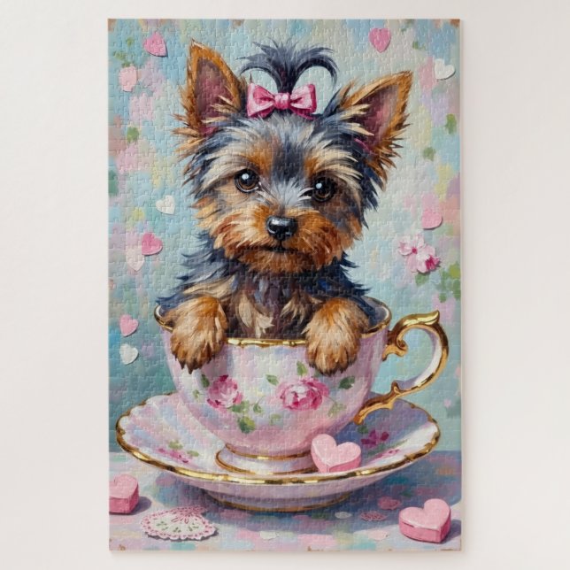 Yorkshire Terrier in a Teacup Valentine's Jigsaw Puzzle (Vertical)