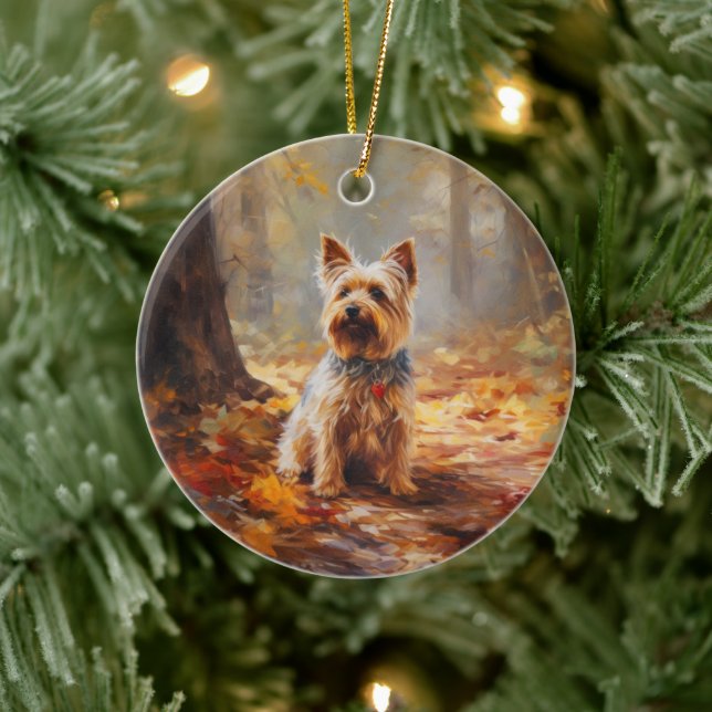 Yorkshire Terrier in Autumn Leaves Fall Inspire  Ceramic Ornament (Tree)