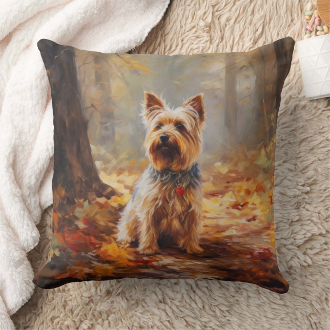 Yorkshire Terrier in Autumn Leaves Fall Inspire  Cushion (Blanket)