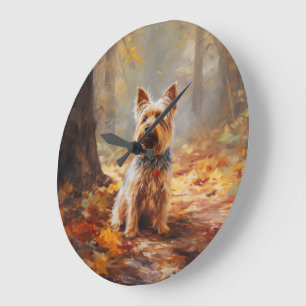 Yorkshire Terrier in Autumn Leaves Fall Inspire Large Clock