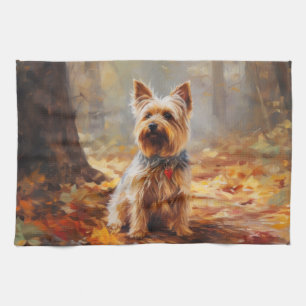 Yorkshire Terrier in Autumn Leaves Fall Inspire  Tea Towel