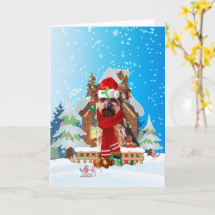 Yorkshire Terrier in snow with Christmas gifts Card