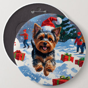 Yorkshire Terrier in Snow with Christmas Hat 6 Cm Round Badge
