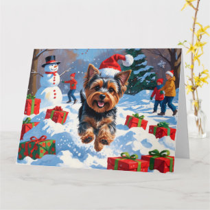 Yorkshire Terrier in Snow with Christmas Hat Card