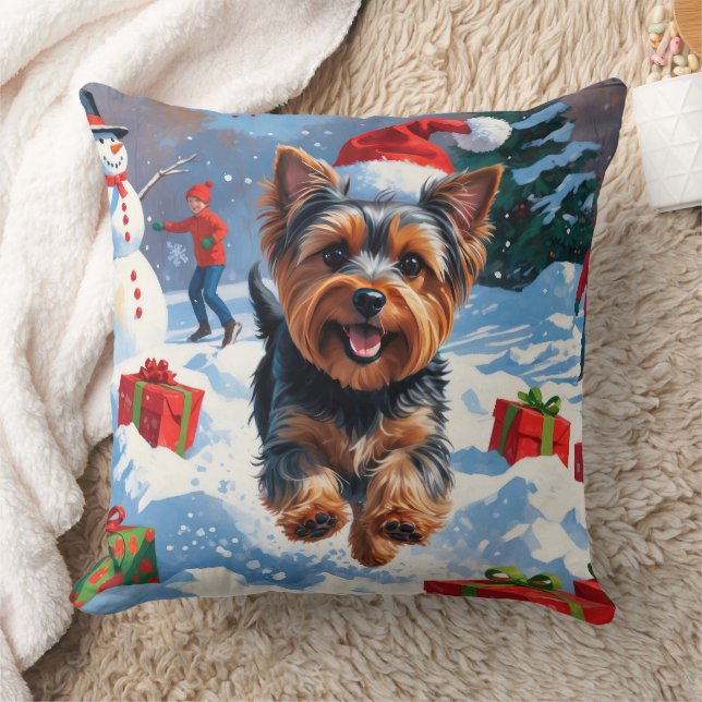 Yorkshire Terrier in Snow with Christmas Hat Cushion (Blanket)