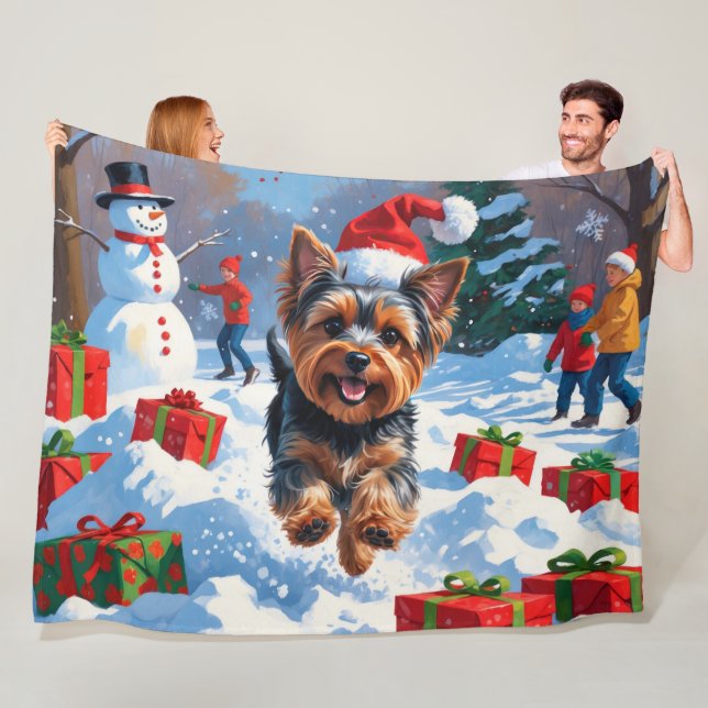 Yorkshire Terrier in Snow with Christmas Hat Fleece Blanket (In Situ)