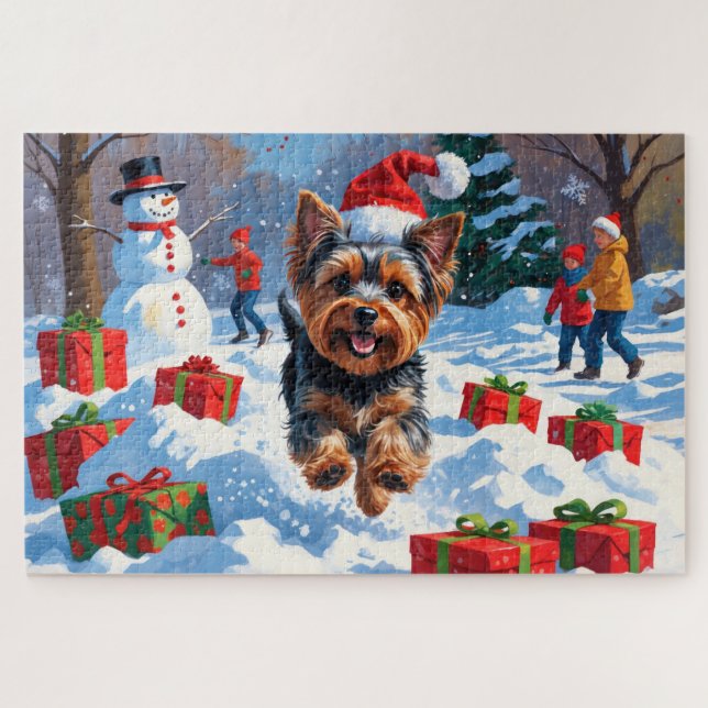 Yorkshire Terrier in Snow with Christmas Hat Jigsaw Puzzle (Horizontal)