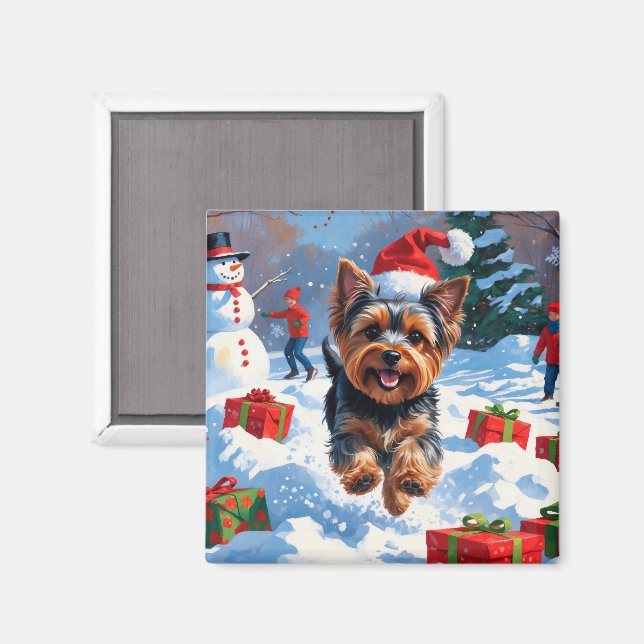 Yorkshire Terrier in Snow with Christmas Hat Magnet (Front/Back)
