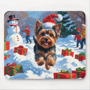 Yorkshire Terrier in Snow with Christmas Hat Mouse Pad