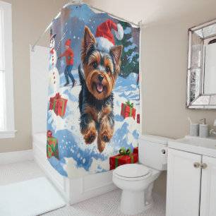 Yorkshire Terrier in Snow with Christmas Hat Shower Curtain