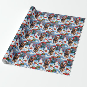 Yorkshire Terrier in Snow with Christmas Hat Wrapping Paper