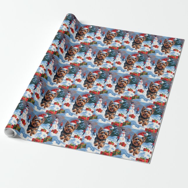 Yorkshire Terrier in Snow with Christmas Hat Wrapping Paper (Unrolled)