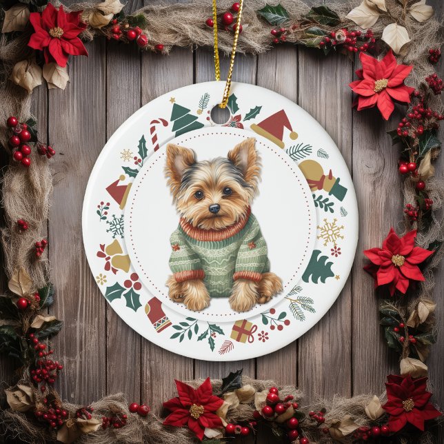 Yorkshire Terrier in Winter Sweater Christmas Ceramic Ornament (Creator Uploaded)