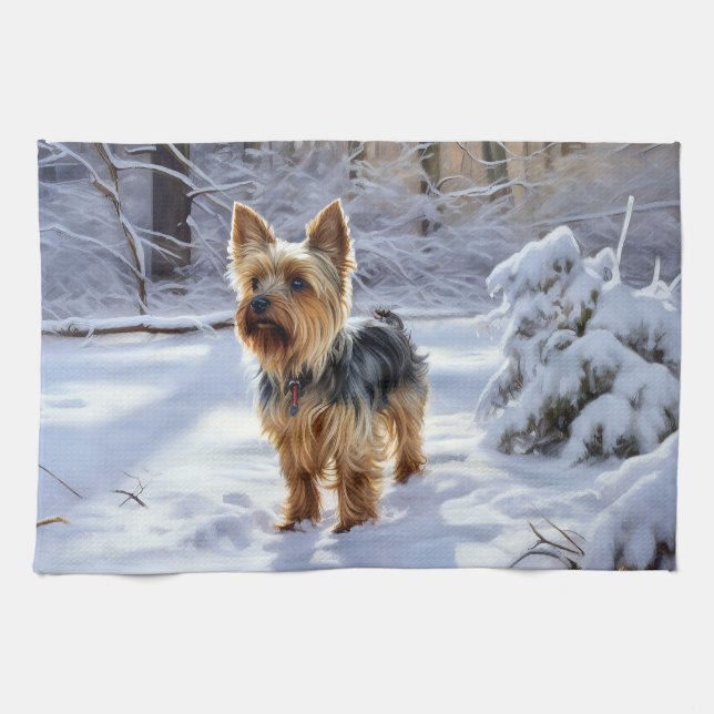 Yorkshire Terrier Let It Snow Christmas Tea Towel (Horizontal)