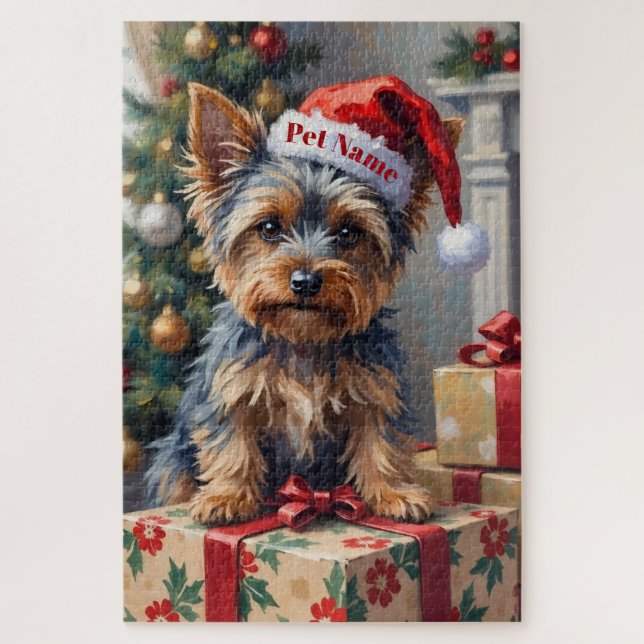 Yorkshire Terrier on Presents with Santa Hat Jigsaw Puzzle (Vertical)