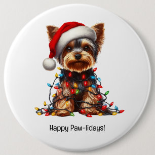 Yorkshire Terrier On Santa Hat And Christmas Light 6 Cm Round Badge