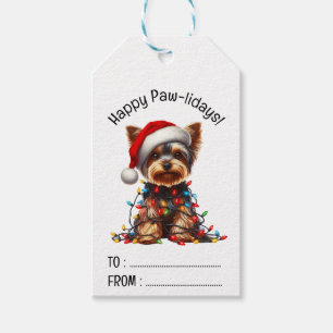 Yorkshire Terrier On Santa Hat And Christmas Light Gift Tags