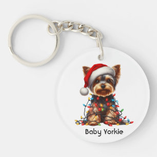 Yorkshire Terrier On Santa Hat And Christmas Light Key Ring