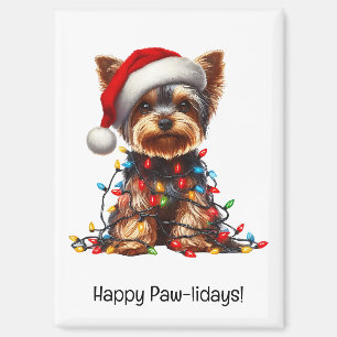 Yorkshire Terrier On Santa Hat And Christmas Light Magnet