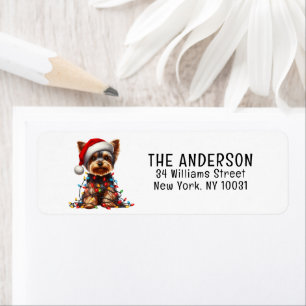 Yorkshire Terrier On Santa Hat And Christmas Light Return Address Label