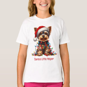 Yorkshire Terrier On Santa Hat And Christmas Light T-Shirt