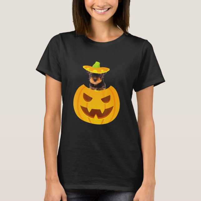 Yorkshire Terrier Peeking Out Of Jack O Lantern T-Shirt (Front)