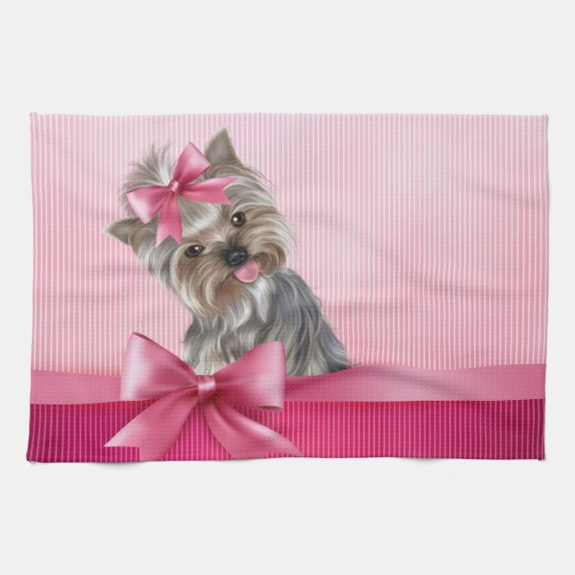 Yorkshire Terrier Pink Princess Yorkie Puppy Dog Tea Towel (Horizontal)