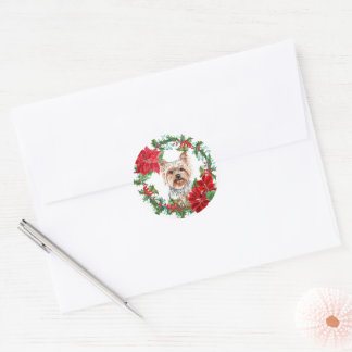 Yorkshire Terrier Poinsettia Holly Holiday Wreath Classic Round Sticker
