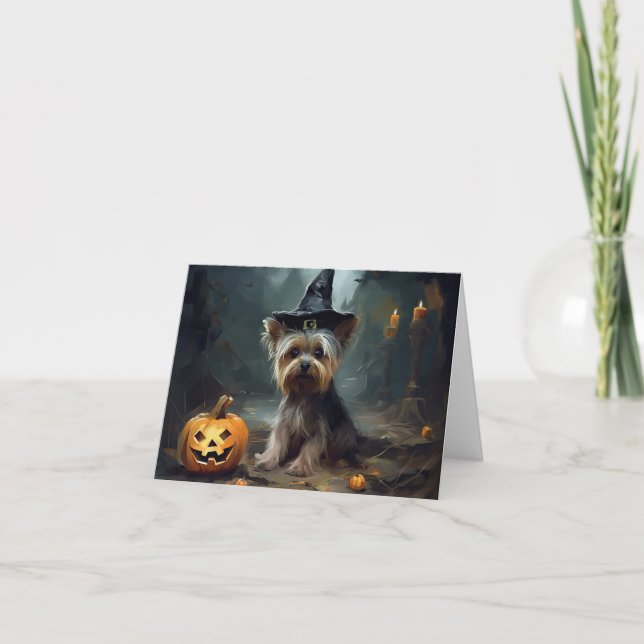 Yorkshire Terrier Pumpkins Halloween Scary  Card (Front)