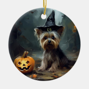Yorkshire Terrier Pumpkins Halloween Scary  Ceramic Ornament