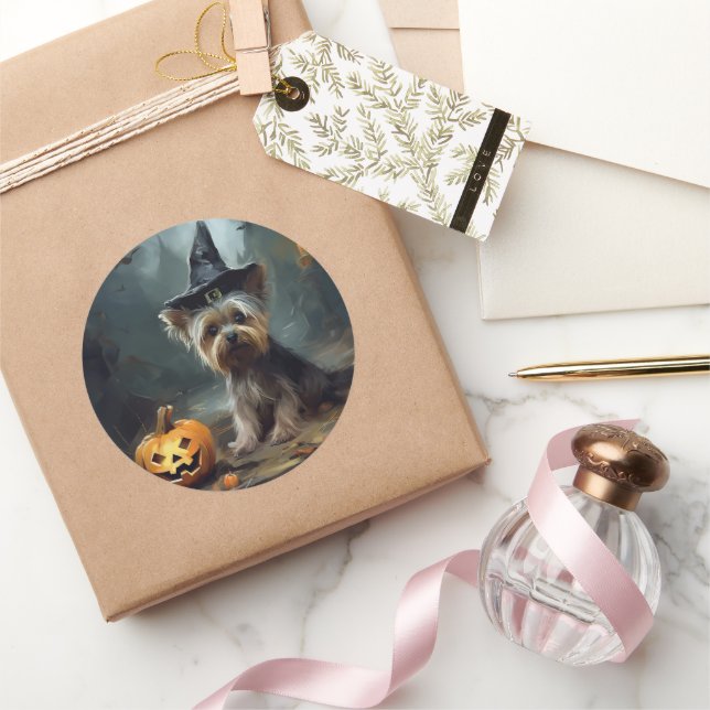 Yorkshire Terrier Pumpkins Halloween Scary  Classic Round Sticker (Gifting)