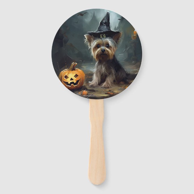 Yorkshire Terrier Pumpkins Halloween Scary  Hand Fan (Front)