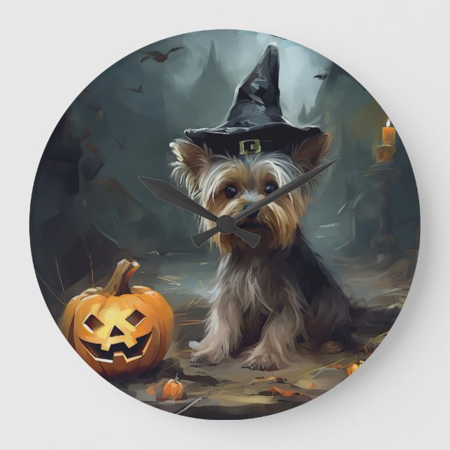 Yorkshire Terrier Pumpkins Halloween Scary  Large Clock (Front)