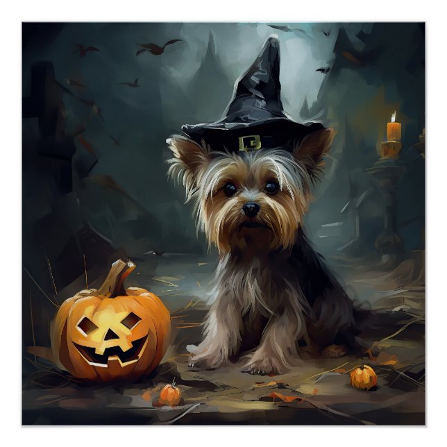 Yorkshire Terrier Pumpkins Halloween Scary  Poster (Front)