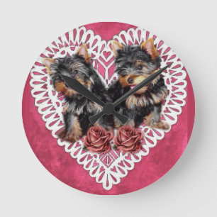 Yorkshire Terrier Puppies Valentines Round Clock
