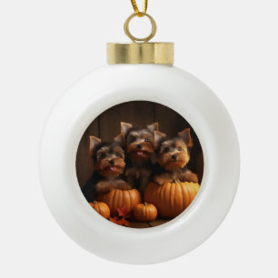 Yorkshire Terrier Puppy Autumn Delight Pumpkin  Ceramic Ball Christmas Ornament
