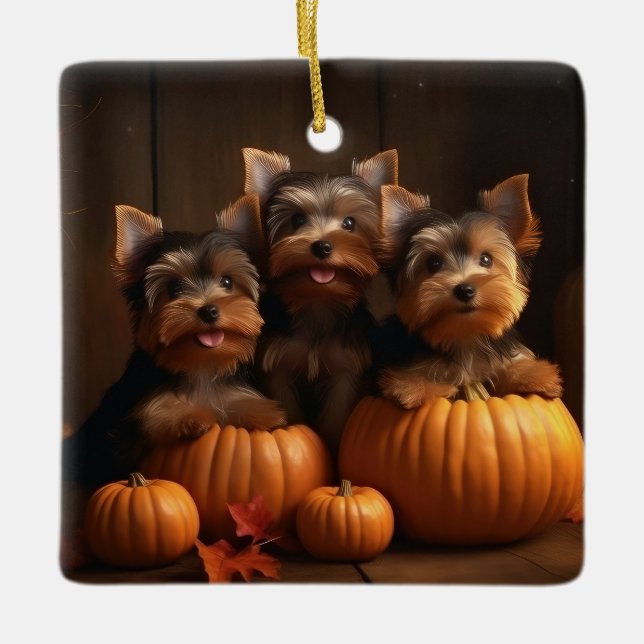 Yorkshire Terrier Puppy Autumn Delight Pumpkin  Ceramic Ornament (Front)