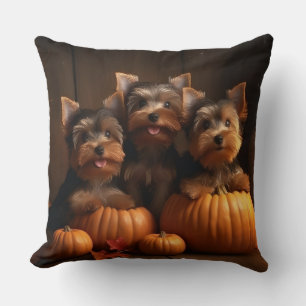 Yorkshire Terrier Puppy Autumn Delight Pumpkin Cushion