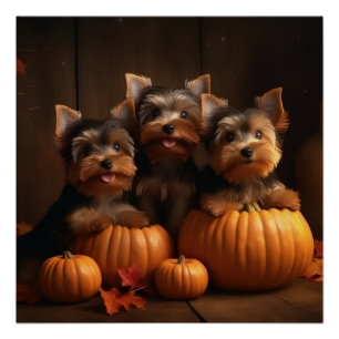 Yorkshire Terrier Puppy Autumn Delight Pumpkin  Poster