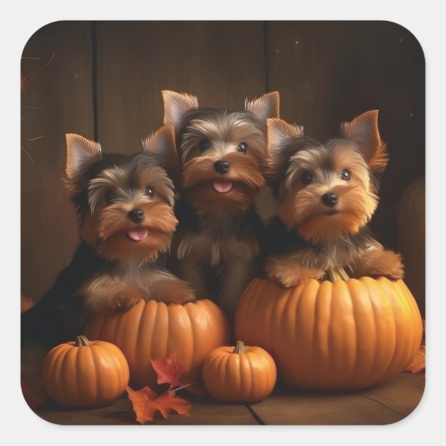 Yorkshire Terrier Puppy Autumn Delight Pumpkin  Square Sticker (Front)