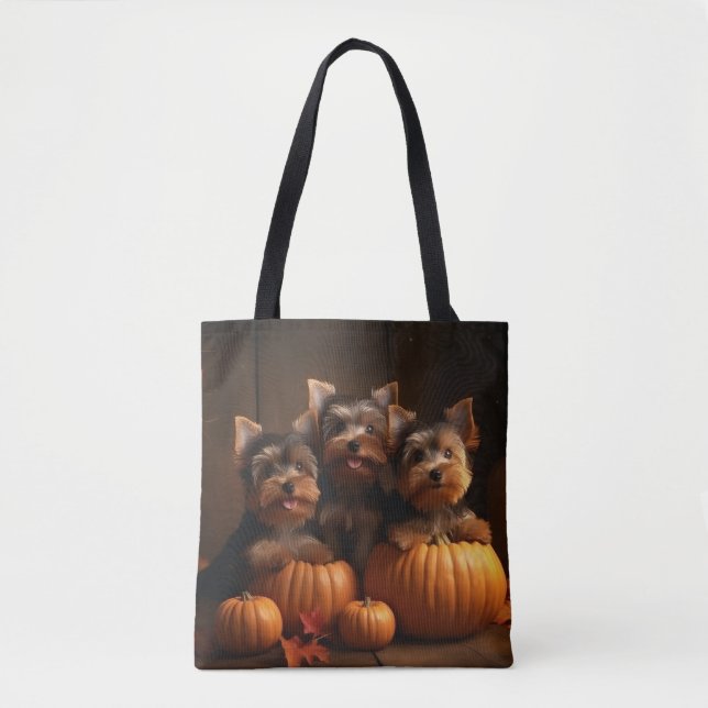 Yorkshire Terrier Puppy Autumn Delight Pumpkin  Tote Bag (Front)