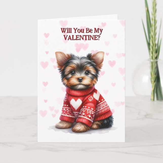 Yorkshire Terrier Puppy in Sweater Valentine Holiday Card (Front)