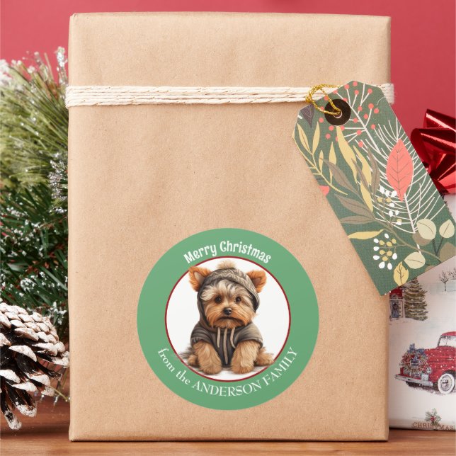 Yorkshire Terrier Puppy in Winter Hoodie Christmas Classic Round Sticker (Holiday)