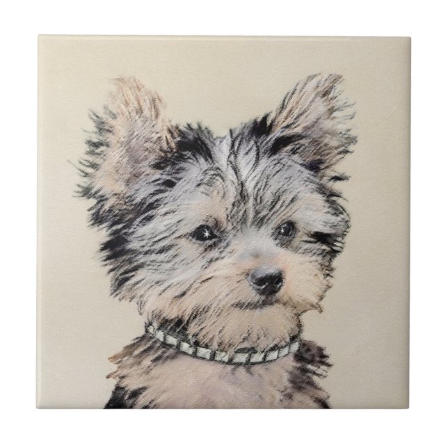 Yorkshire Terrier Puppy Painting Original Dog Art Ceramic Tile (Front)